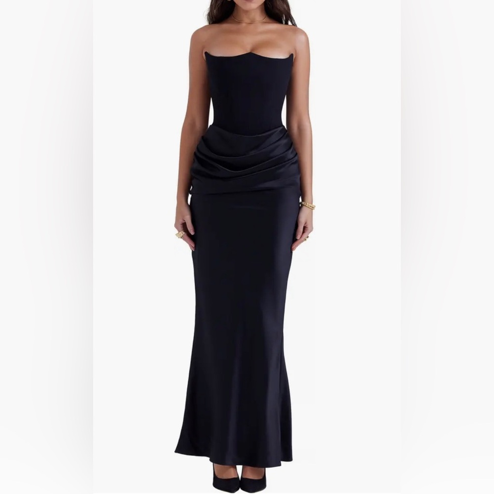House of CB Black Strapless Draped Satin Gown